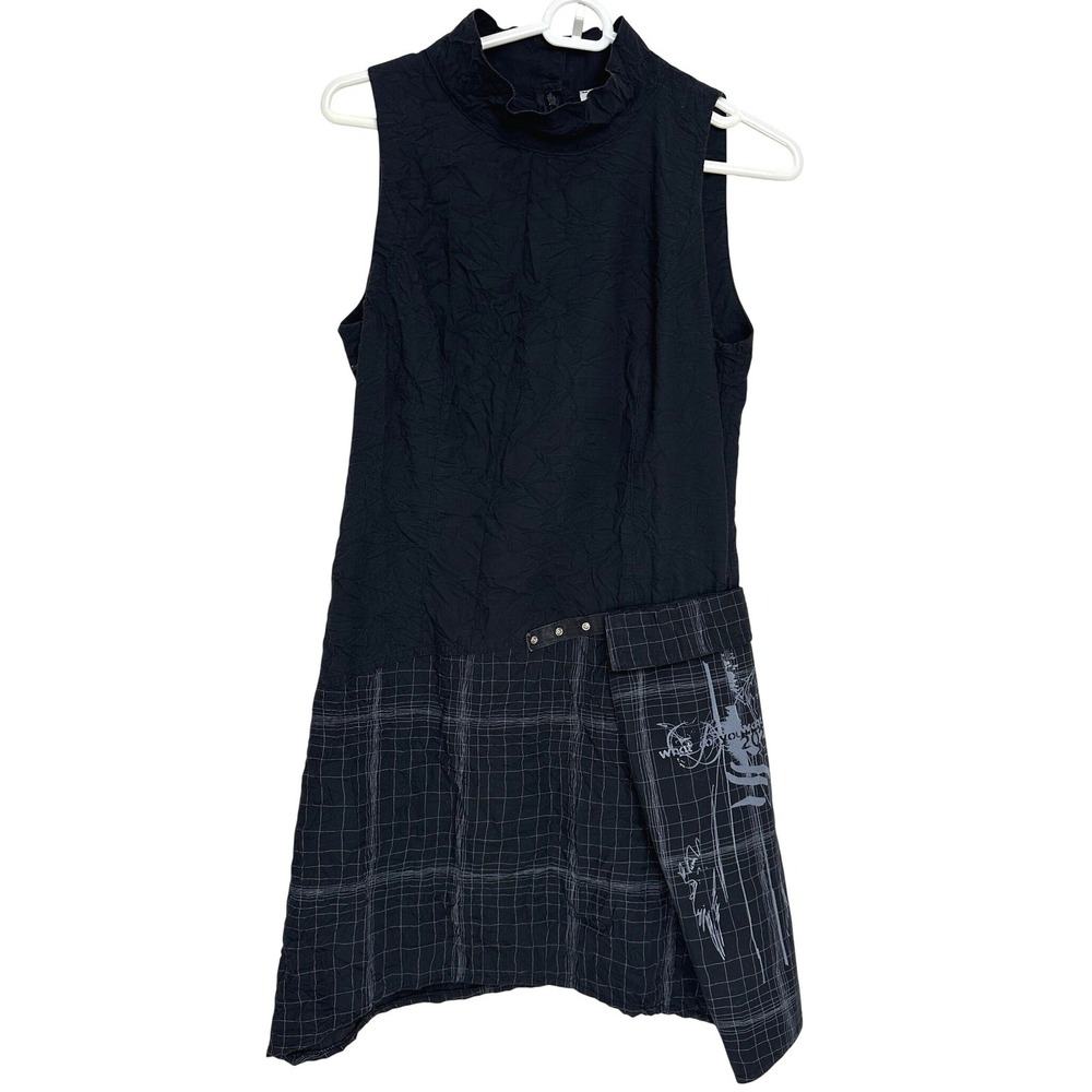 2026 Deux Mille Vingt Six Black Crinkle Plaid Graphic Mock Neck Dress Size‎ S